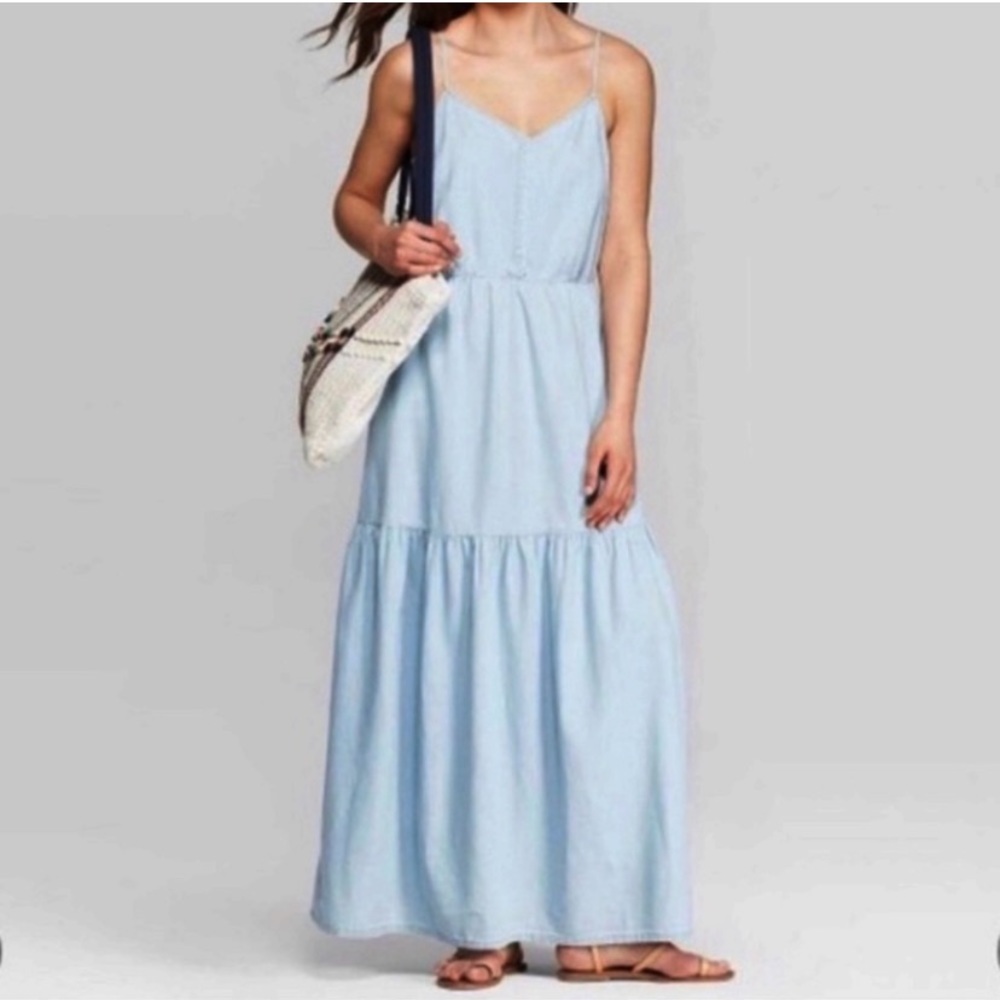 UNIVERSAL THREAD Chambray Boho Tiered Maxi Dress Large NWT Light Indigo Peasant